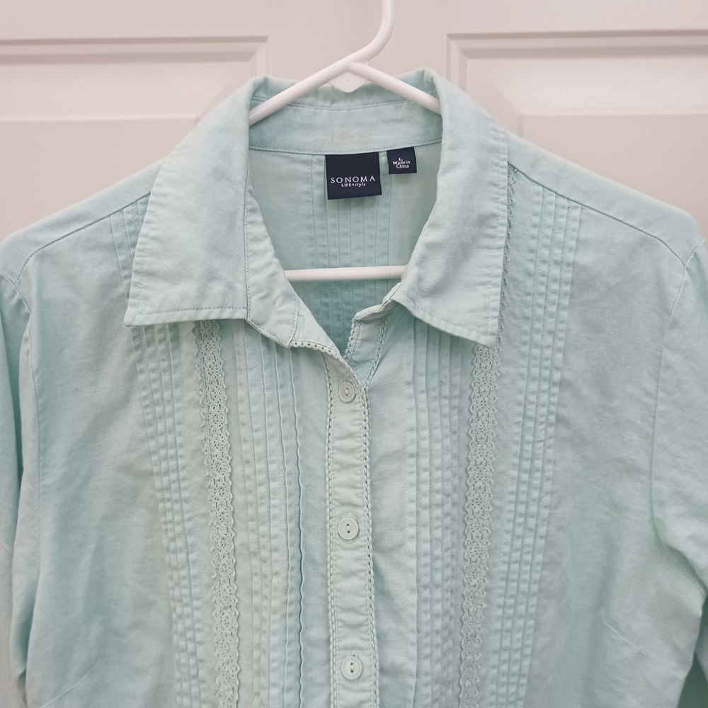 Sonoma Life Style Light Blue Green Linen Blend Pintuck Lace Trim Blouse Large
